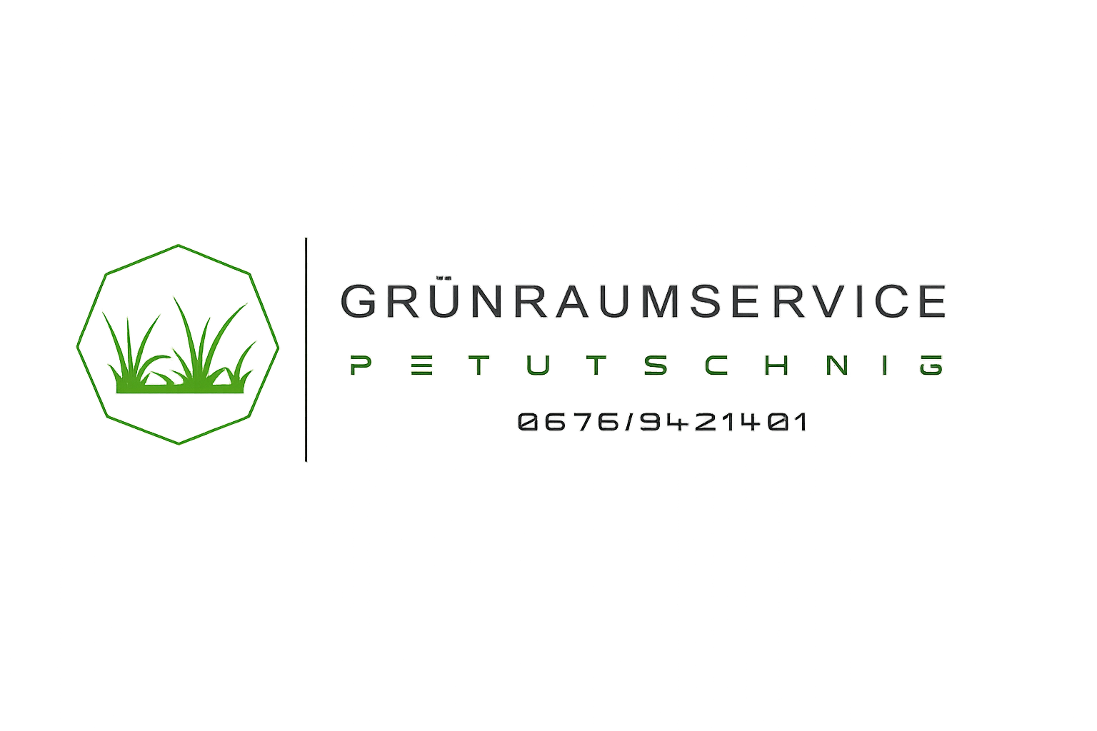 Firmenlogo von Grünraumservice Petutschnig: Ein grünes Sechseck-Icon mit Grashalmen links, daneben der Firmenname und die Telefonnummer 0676/9421401 in moderner Schrift.