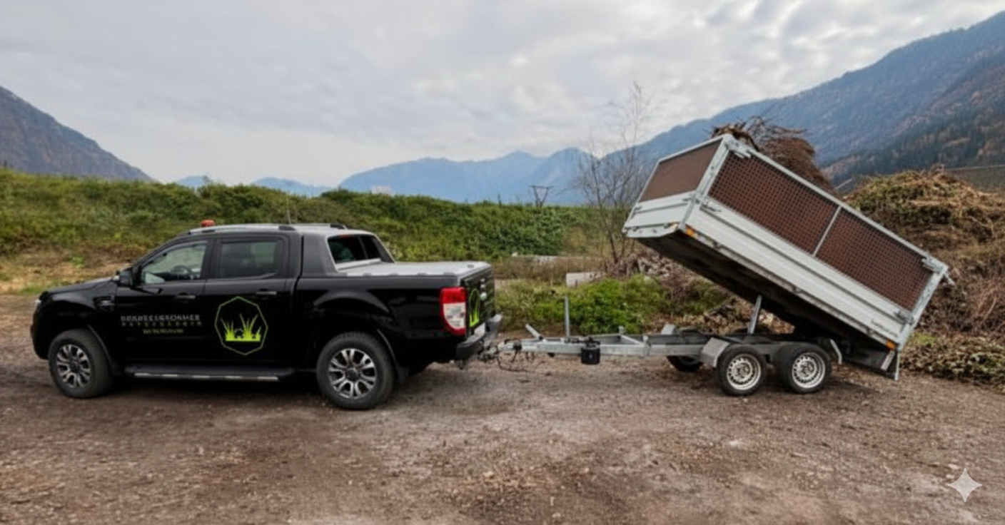 Ein schwarzer Pickup mit dem Firmenlogo von Grünraumservice Petutschnig zieht einen gekippten Anhänger, der Grünschnitt auf einen Sammelplatz vor einer Bergkulisse entlädt.